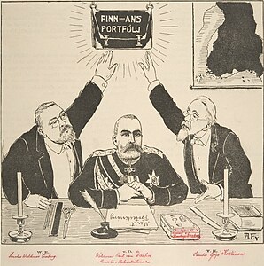 Political cartoon by Alex Federley in 1891, von Daehn criticized by senators for having given in to signing the 1890 Postal Manifest [fi] by Alexander III