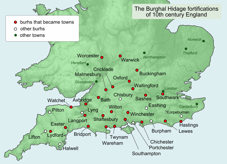 Mapa dels burhs descrits al Burghal Hidage