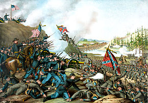 La bataille de Franklin, épisode de la guerre de Sécession, fut une défaite de l'Armée des États confédérés le 30 novembre 1864 (Kurz et Allison, 1891, Bibliothèque du Congrès). (définition réelle 7 393 × 5 149)