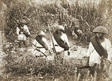 Christian Filipinos, who served under the Spanish Army, searching for Moro rebels during the Spanish-Moro conflict, c. 1887. The insurgency in Mindanao can be traced to the 1500s, when the Spanish arrived in the Moro heartland. Christian Filipinos under Spanish army in Mindanao in their battle against the Moro Muslim, circa 1887.jpg