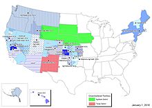 A map highlighting, in various colors and patterns, most of the states of Alaska, Arizona, California, Colorado, Connecticut, Hawaii, Idaho, Kansas, Maine, Massachusetts, Montana, Nevada, New Hampshire, New Jersey, New Mexico, New York, Oklahoma, Oregon, Rhode Island, Utah, Vermont, Washington, North Dakota, and Wyoming.