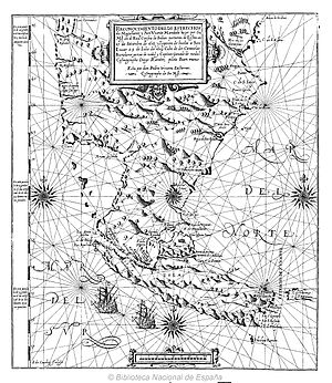 Grabado de 1621 del estrecho de Magallanes, el estrecho de Le Maire, que los españoles llamaron de San Vicente, y el cabo de Hornos. Grabado de Juan de Courbes para la obra Relación del viaje que por orden de su Magd y acuerdo del real Consejo de Indias hizieron los capitanes Bartolome Garcia de Nodal y Gonçalo de Nodal, de Bartolomé García de Nodal, editada en Madrid por Fernando Correa Montenegro, 1621. Biblioteca Nacional de España.