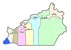 Šahrudski okrug na karti Semnanske pokrajine (označen zelenom na istoku)