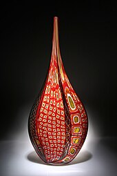 Glass sculpture by David Patchen from a show in San Francisco. The piece is 30" x 11" x 3" and comprises hundreds of murrine (patterned tiles of glass) and zanfirico cane (rods of woven colors). Davidpatchen murrine resistenza 1.jpg