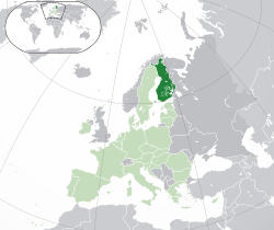 Location of  Finland  (dark green)– in Europe  (green & dark grey)– in the European Union  (green)  —  [Legend]
