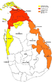 Situation en décembre 2005. En rouge, zones contrôlées par les LTTE. En orange, zones contrôlées par le gouvernement avec des poches contrôlées par les LTTE. En jaune, zones contrôlées par le gouvernement et revendiquées par les LTTE pour un État tamoul indépendant.
