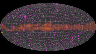 Gamma-ray sky's activity during a year of observations from February 2022 to February 2023 captured by the Large Area Telescope (LAT) aboard Fermi Gamma-ray Space Telescope. The pulsing circles represent a subset of the light curves. Fermi LAT LCR Feb2022-Feb2023 Dark 1600.gif