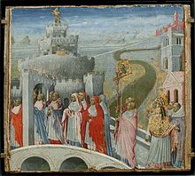 Gregory the Great set the classic order of churches for the Lenten station days in the sixth century. (The Procession of Saint Gregory to the Castle Sant'Angelo, c. 1465.) Giovanni di Paolo La Procession de saint Gregoire au chateau saint Ange.jpg