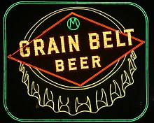 Grain Belt sign in downtown Minneapolis immediately after 2017 relighting Grain Belt sign relit 2017-12-30.jpg