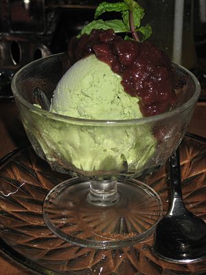 Green tea (matcha) ice-cream with red bean.