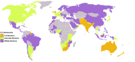 ICC member nations. Orange are the (highest level) Test playing nations; green are the associate member nations; and purple are the affiliate member nations.
