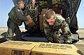 RSCs of MREs being off-loaded from a helicopter. Water-resistant boxes closed with strapping.