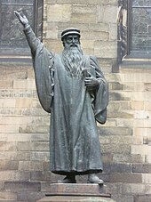 John Knox, who in 1559 returned from ministering in Geneva to lead the Reformation in Scotland. John Knox statue, New College Edinburgh.jpg