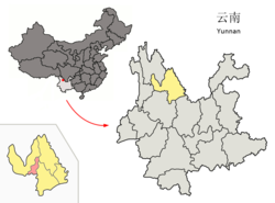 Location of Gucheng District (pink) and Lijiang prefecture (yellow) within Yunnan province of China