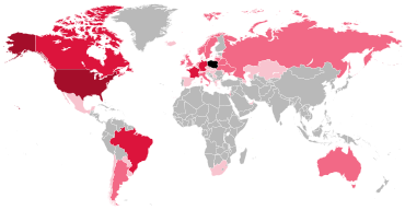 The map depicts countries by number of citizens who reported Polish ancestry or citizenship (based on sources in this article)
.mw-parser-output .legend{page-break-inside:avoid;break-inside:avoid-column}.mw-parser-output .legend-color{display:inline-block;min-width:1.25em;height:1.25em;line-height:1.25;margin:1px 0;text-align:center;border:1px solid black;background-color:transparent;color:black}.mw-parser-output .legend-text{}
Poland
+ 10,000,000
+ 1,000,000
+ 100,000
+ 10,000 Map of the Polish Diaspora in the World.svg