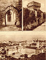 Lent: Nagyenyed látképe a kollégiummal és a templommal, fent balra: a régi vár déli kapuja, fent jobbra: az ún. csipkés bástya (1905)