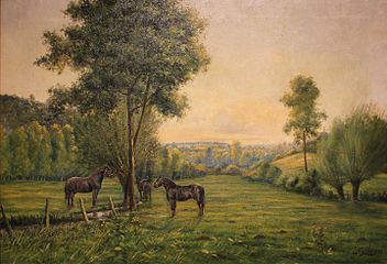 J H Simon, Chevaux percherons au pâturage.