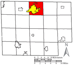 Location of Norwalk Township (red) in Huron County, next to the city of Norwalk (yellow).