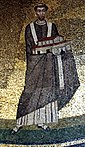 Papa Onorio I (morto 638), mosaico nella Basilica di Sant'Agnese fuori le mura Roma, porta un modello della chiesa che ha costruito.