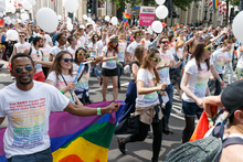 Google employees marching in the Pride in London parade in 2016 Pride in London 2016 - Google participating in the parade.png