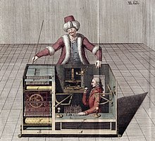 Von Kempelen's chess automaton, discussed in chapter 15. Racknitz - The Turk 3.jpg