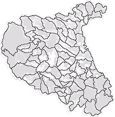 Mapa konturowa okręgu Vrancea, blisko centrum po prawej na dole znajduje się punkt z opisem „Fokszany”