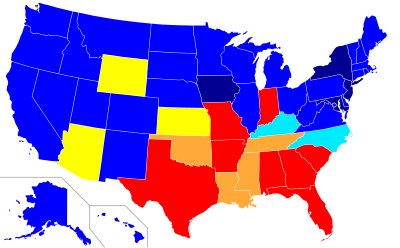 Legality of corporal punishment in public schools in the United States as of December 2023
.mw-parser-output .legend{page-break-inside:avoid;break-inside:avoid-column}.mw-parser-output .legend-color{display:inline-block;min-width:1.25em;height:1.25em;line-height:1.25;margin:1px 0;text-align:center;border:1px solid black;background-color:transparent;color:black}.mw-parser-output .legend-text{}
Corporal punishment in public and private schools illegal
Corporal punishment in public schools illegal
Corporal punishment in public schools legal under state law, but banned in all school districts
Corporal punishment in public schools legal but unused
Corporal punishment in public schools illegal only for students with disabilities
Corporal punishment in public schools legal School corporal punishment USA map extra color coding.svg