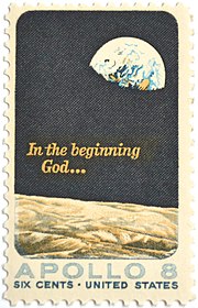 Apollo 8 commemorative stamp of the Christmas Eve Genesis reading, issued in 1969, includes the Earthrise photograph by NASA astronaut William Anders Scott 1371, Apollo 8.jpg