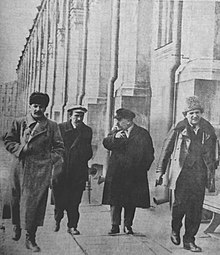 (From left to right) Stalin, Alexei Rykov, Lev Kamenev, and Grigori Zinoviev in 1925. The latter three later all fell out with Stalin and were executed during the Great Purge Stalin Rykov Kamenev Zinoviev 1925.jpg