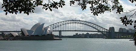 Sydney's icons: the Opera House and Sydney Harbour Bridge, viewed from Mrs Macquaries Point in the Royal Botanic Gardens