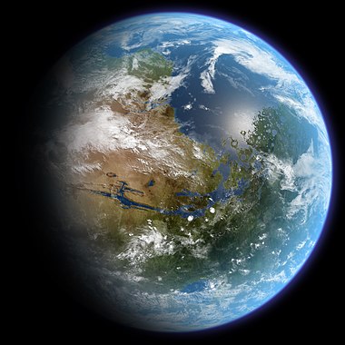 Představa terraformovaného Marsu pro možnost kolonizace, ve středu s největším kaňonem sluneční soustavy Údolím Marineru a vulkanickou oblastí Tharsis vlevo