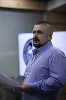 Chief ideologue and founder of Azov Battalion Mykola Kravchenko Ukrainian Wikipedians Forum 18.jpg