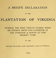Cover to a history of the Plantation of Virginia between 1612 and 1624, compiled by its planters Virginia Colonial Records - Briefe Declaration.jpg