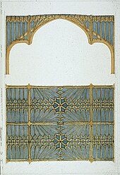 Two designs for a ceiling, one showing a side view of structure and decoration; the bottom showing how it would appear from below. The ceiling is decorated with a network of gothic arches in gold on a blue background.