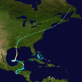 A map of the storm, showing several loops in its path as it progressed from the western Caribbean Sea to the United States and northward into Canada