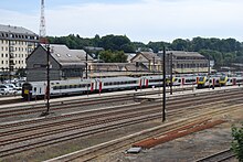 Voies, quais, trains et bâtiment voyageurs.