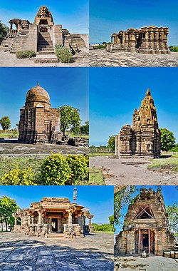 From top left then clockwise: Mahakaleshwar temple 1, Chaubara Dera Jain temple, Mahakaleswar temple 2, Nilkantheswar temple, Chaubara Dera temple and Ballaleswar temple