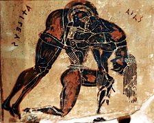 Vaso François, mango. Áiax o Grande levando o corpo de Aquiles . 570-560. Florence MNArch .
