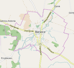 Mapa konturowa Barwic, u góry znajduje się punkt z opisem „Barwice”