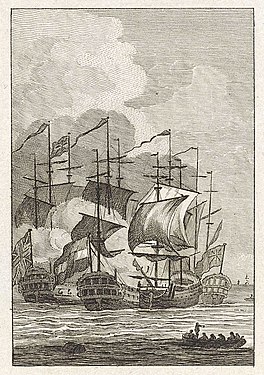 Naval battle of Captain Krul against three English ships Engraving by Reinier Vinkeles, 1781