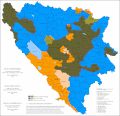Cele trei populații majoritare în cadrul statului Bosnia și Herțegovina: în violet Sârbii, în verde Bosniacii, în portocaliu Croații