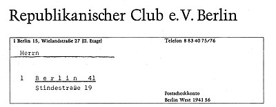 Briefbogen Republikanischer Club e.V. Berlin