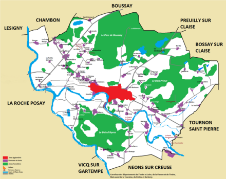 Carte d'Yzeures et ses hameaux disparus