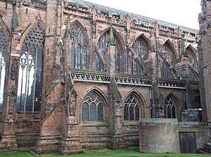 Flying buttresses support the choir vault of Lichfield Cathedral (1195-1340)