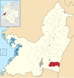 Location of the municipality and town of Pradera in the Valle del Cauca Department of Colombia.