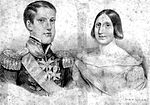 Half-length monochrome portrait of a man wearing an elaborate uniform on the left, and a much shorter woman on the right who has a severely plain hairstyle, large nose, and closely-spaced eyes