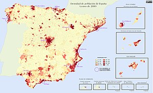 Densidad de población en España 2008 (Fuente: www.wikipedia.org)