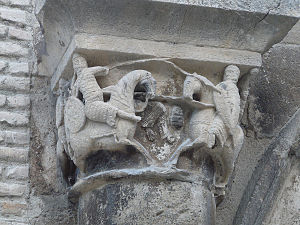 A capital depicting the fight of Roland and Ferragut on the Palacio de los Reyes de Navarra in Estella, Spain.