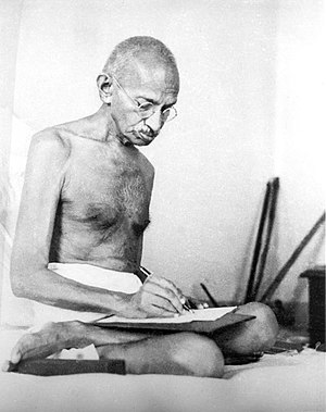 Gandhi drafting a document at Birla House, Mum...