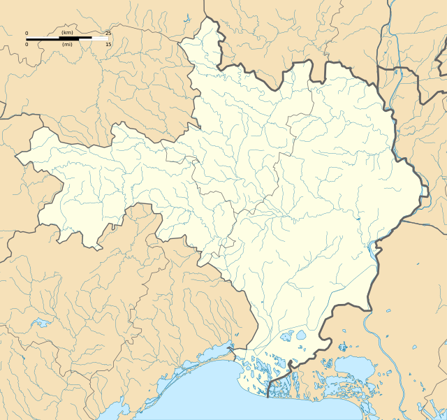 Mapa konturowa Gard, u góry po prawej znajduje się punkt z opisem „Pont-Saint-Esprit”